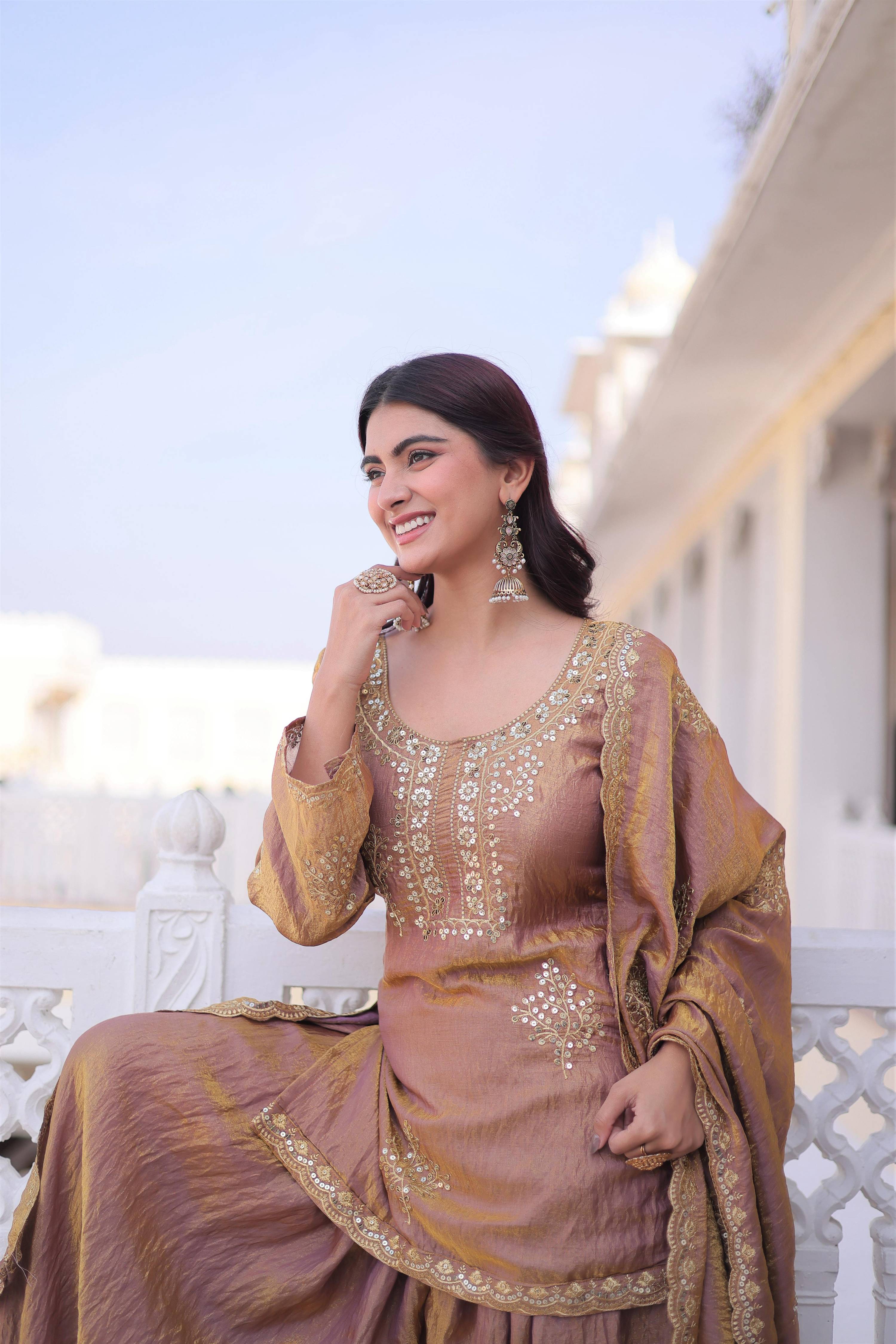 Brown Fendi Crush Zari Embroidered Sharara Set with Dupatta
