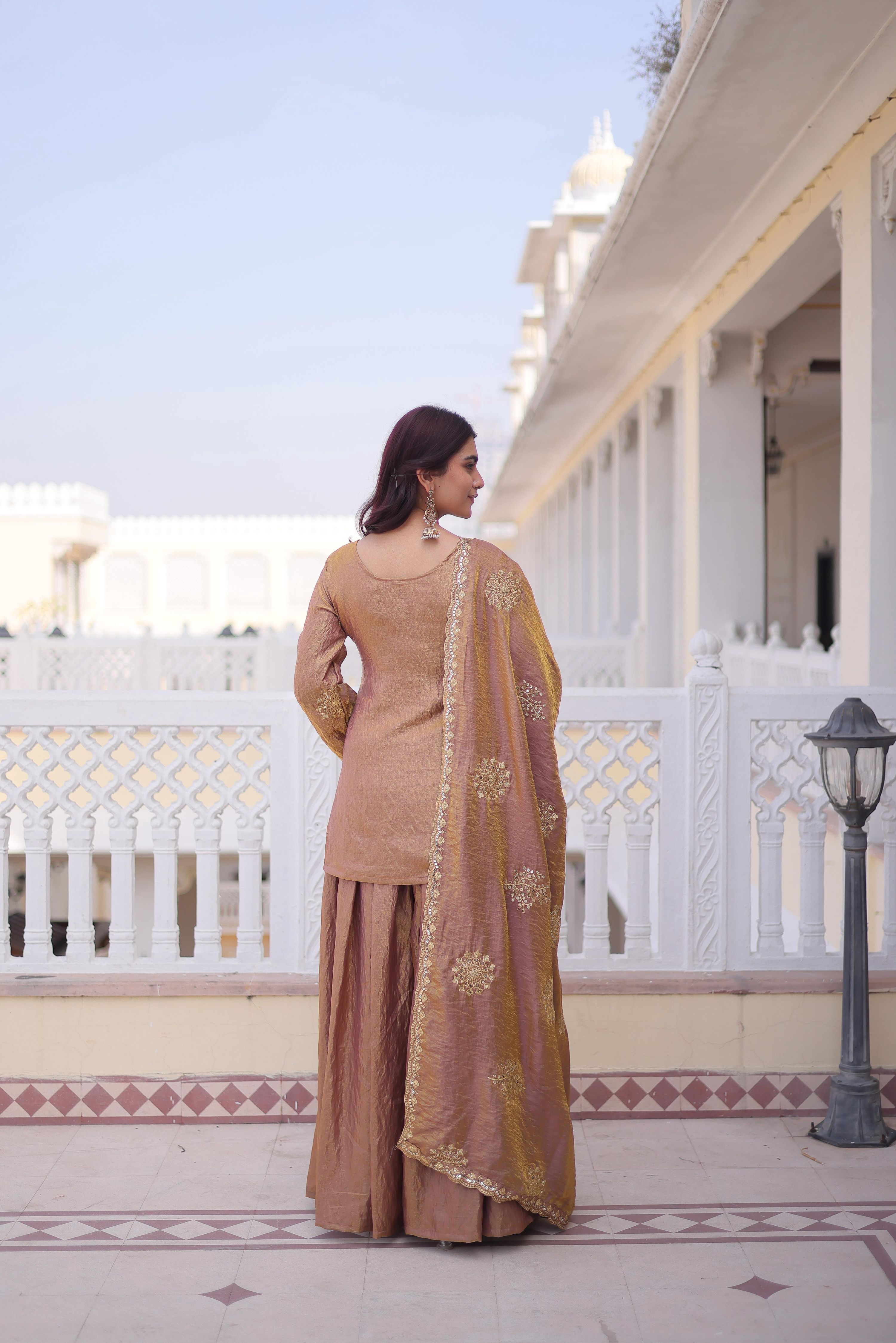 Brown Fendi Crush Zari Embroidered Sharara Set with Dupatta