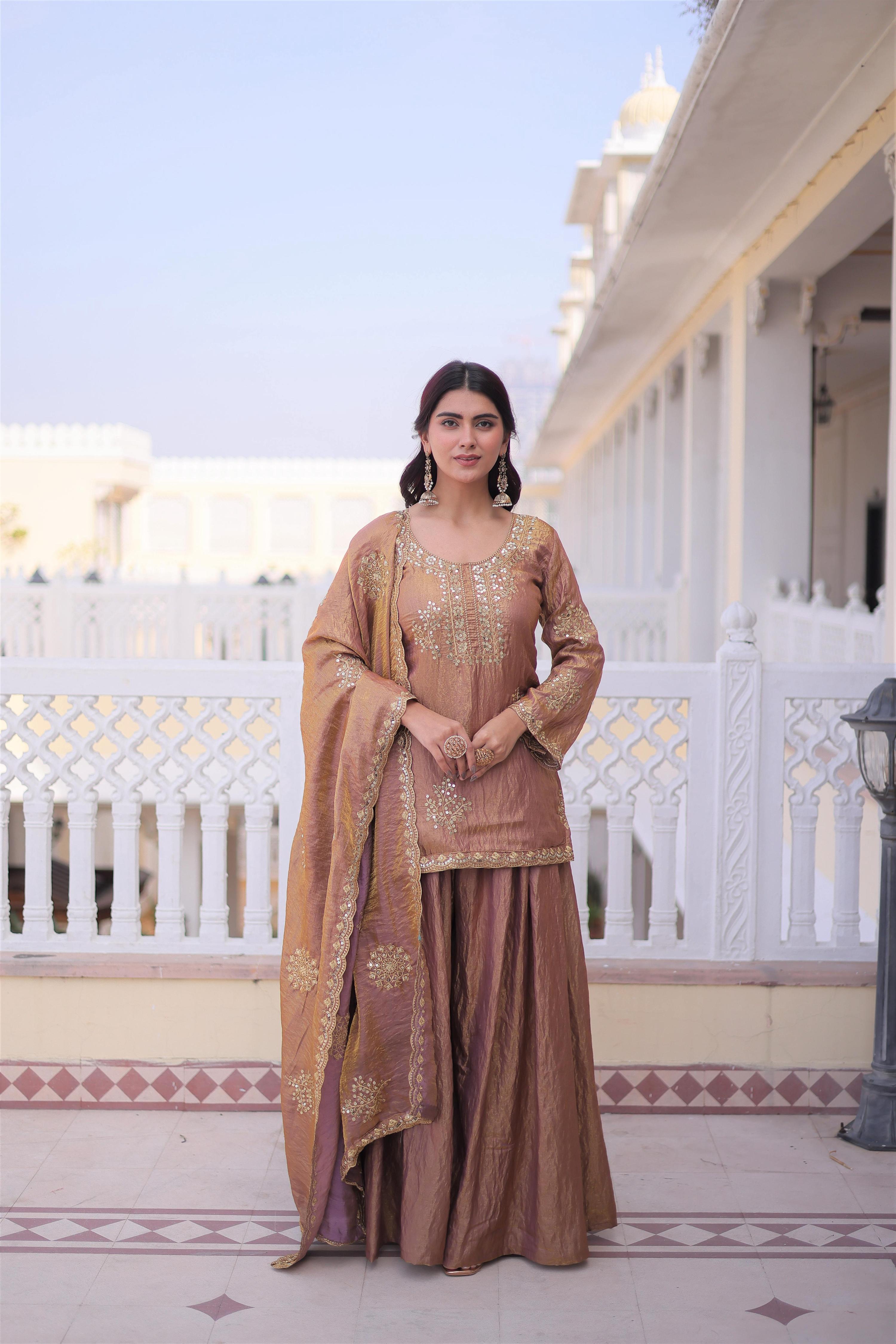 Brown Fendi Crush sharara set with gold zari and sequin embroidery and matching dupatta