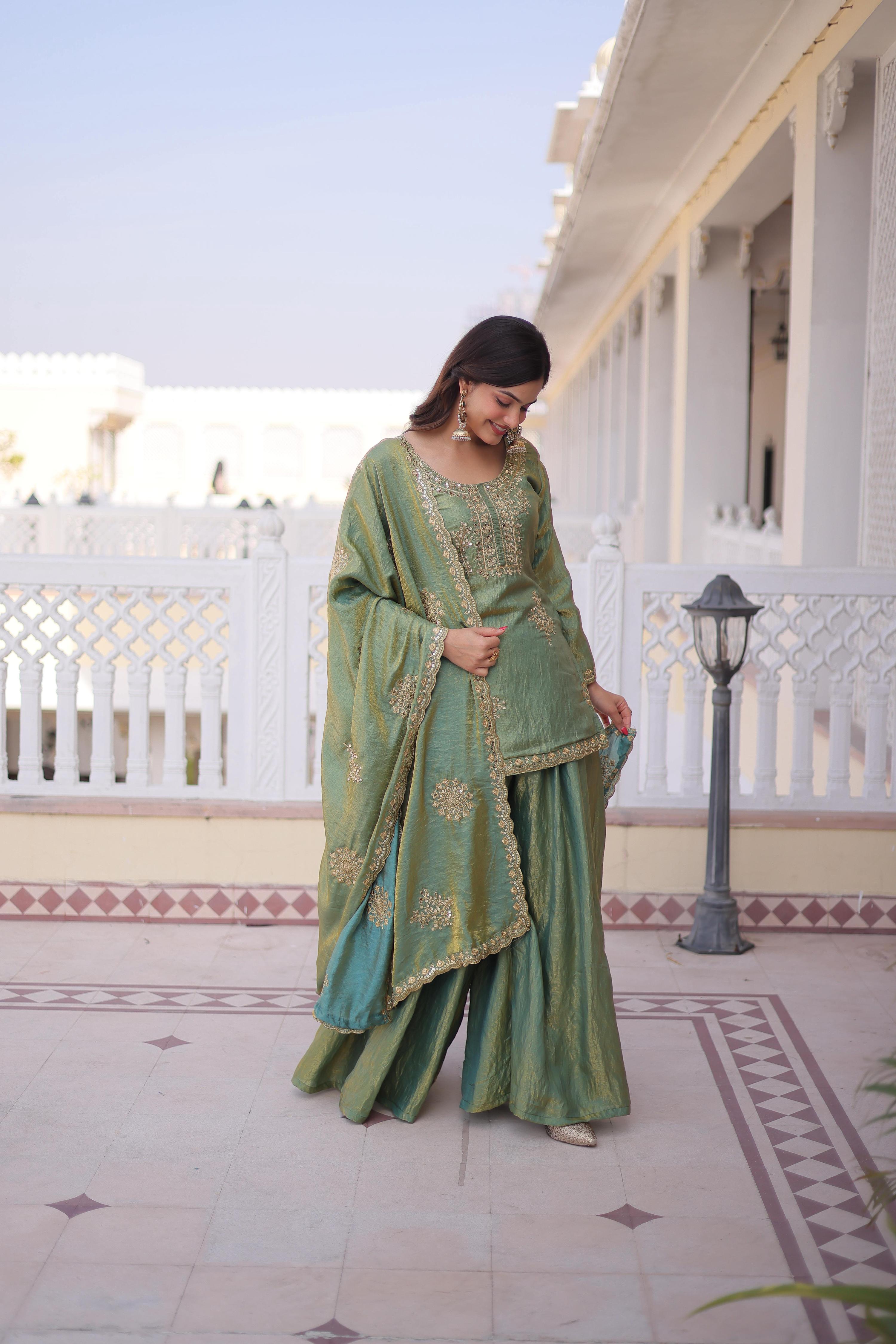 Sea Green Fendi Crush Zari Embroidered Sharara Set with Dupatta