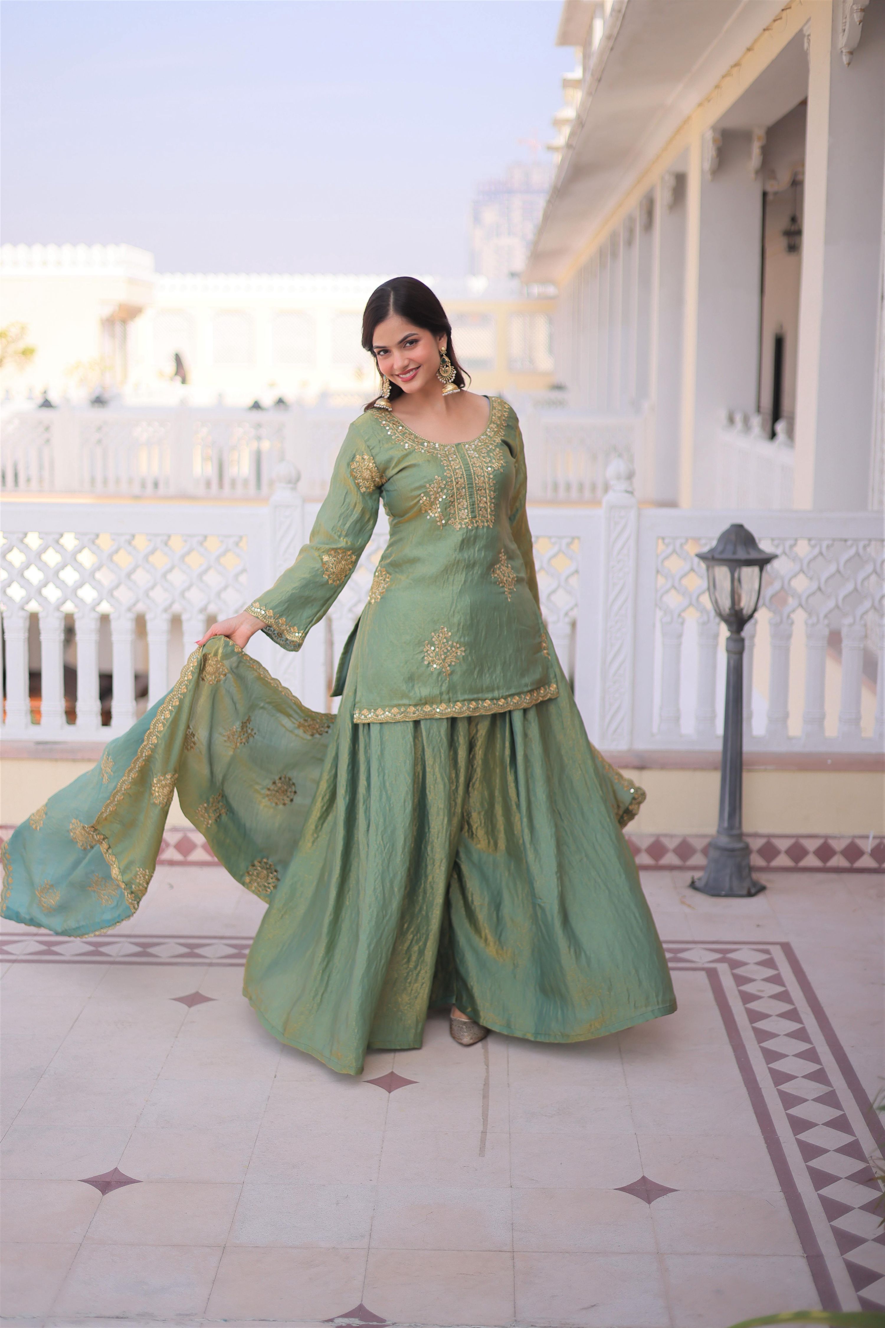 Sea Green Fendi Crush Zari Embroidered Sharara Set with Dupatta
