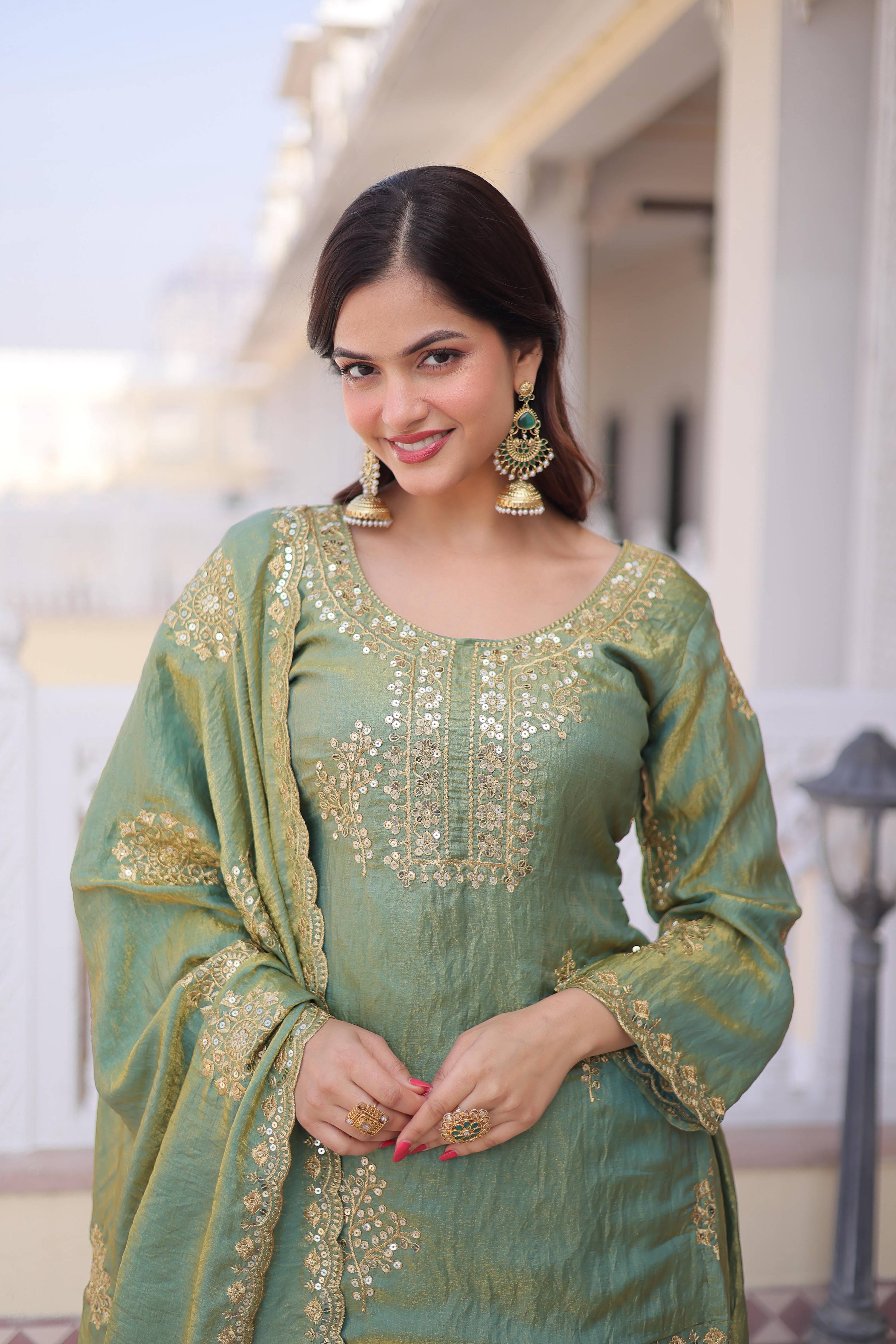 Sea Green Fendi Crush Zari Embroidered Sharara Set with Dupatta
