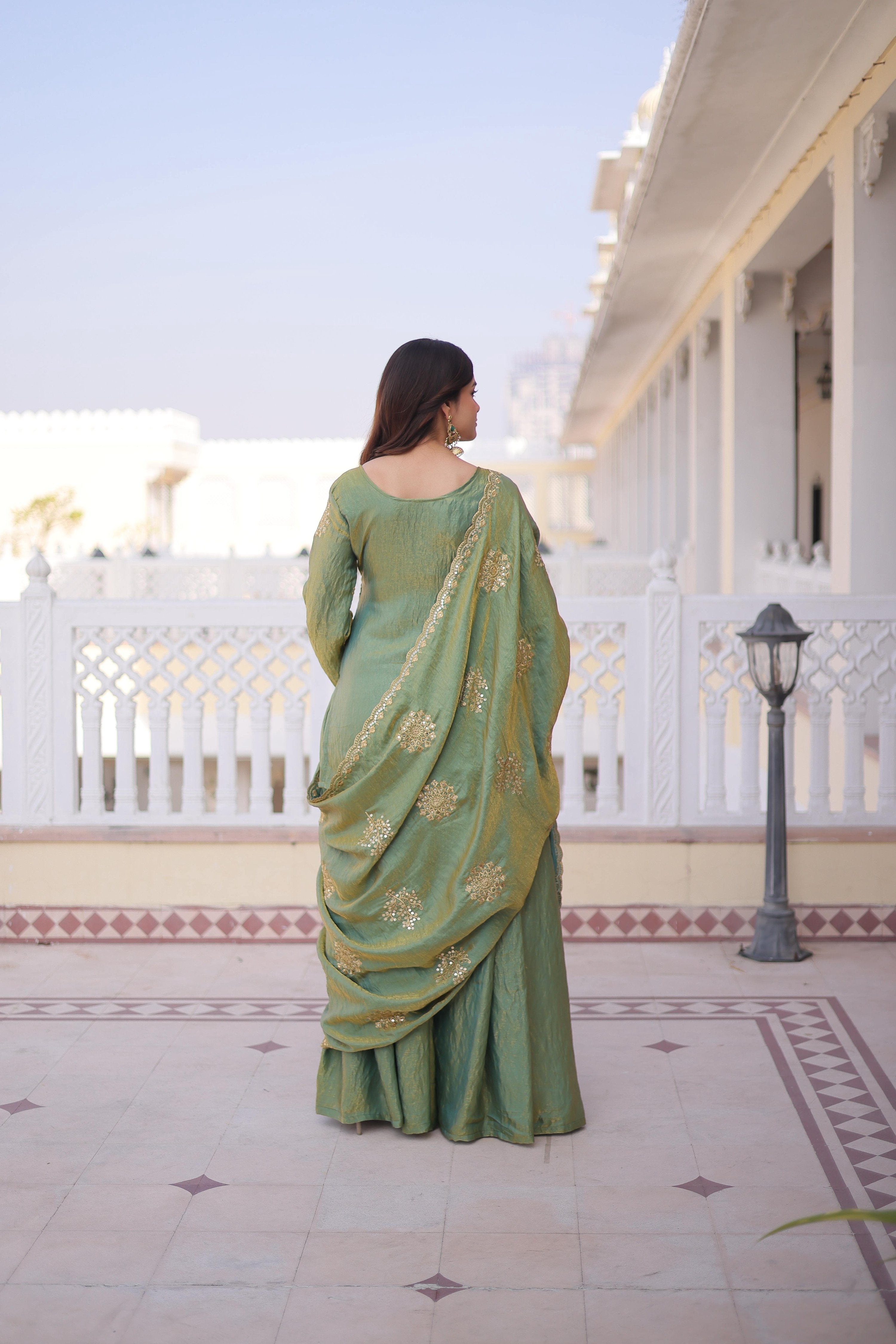 Sea Green Fendi Crush Zari Embroidered Sharara Set with Dupatta