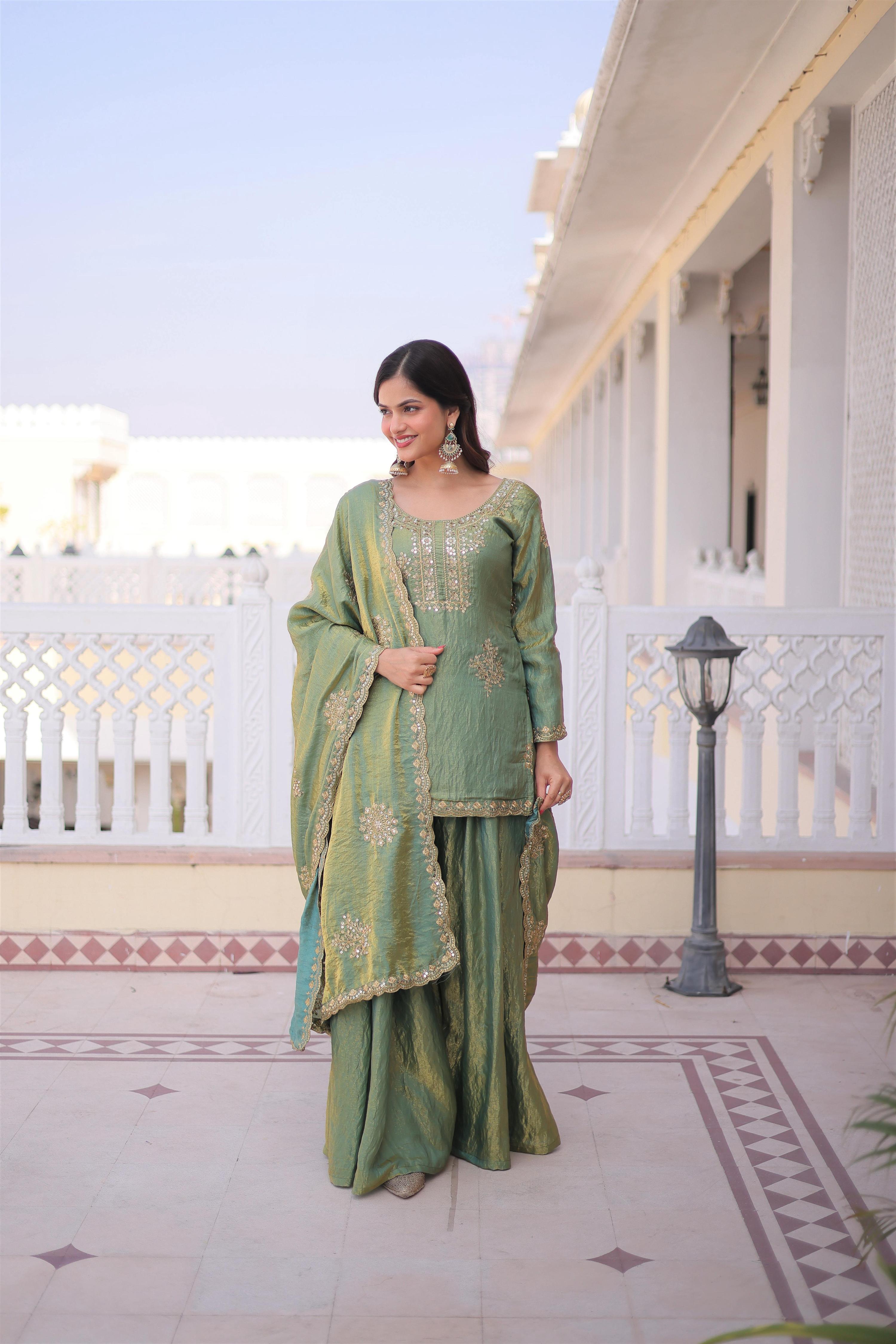 Sea Green Fendi Crush sharara set with sequins and zari embroidery