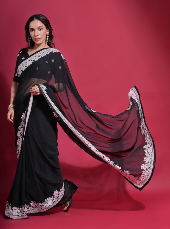 Women's Black Georgette Saree with Coding Work and Matching Blouse