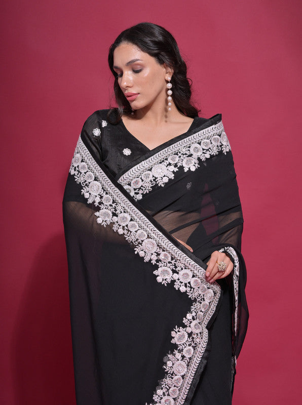Women's Black Georgette Saree with Coding Work and Matching Blouse