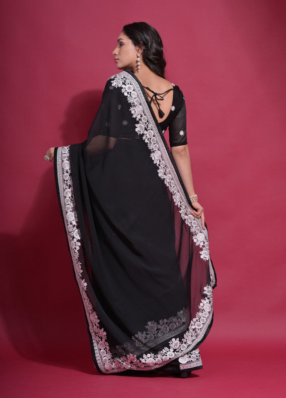 Women's Black Georgette Saree with Coding Work and Matching Blouse