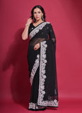 Elegant black georgette saree with intricate coding work and matching blouse for women