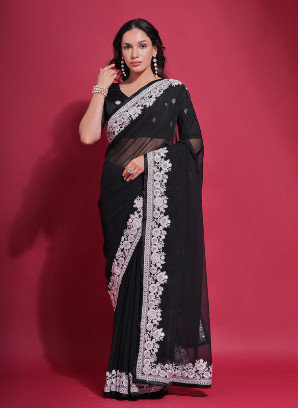 Elegant black georgette saree with intricate coding work and matching blouse for women