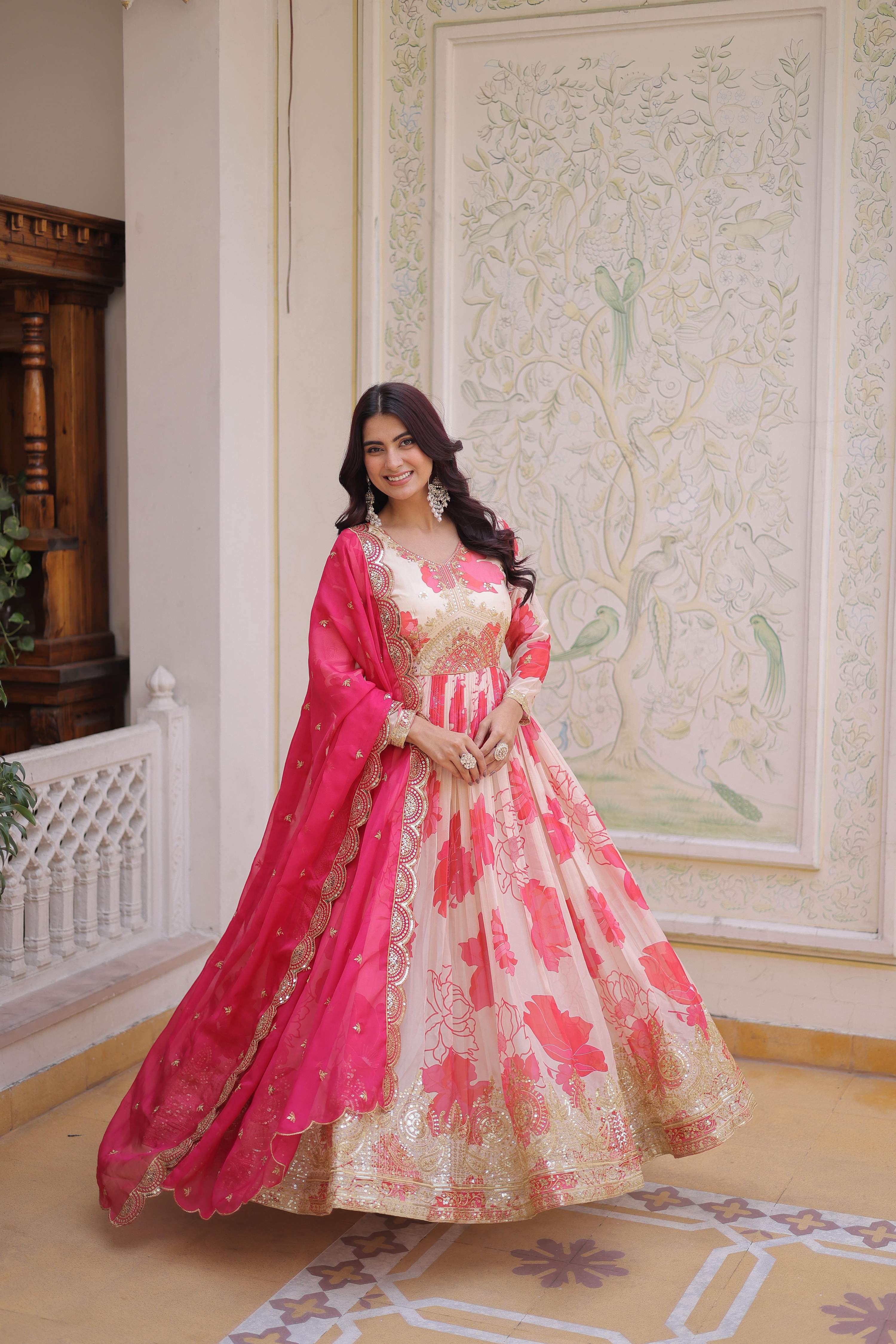 Pink Russian Silk Anarkali Set with Sequins Embroidery & Dupatta