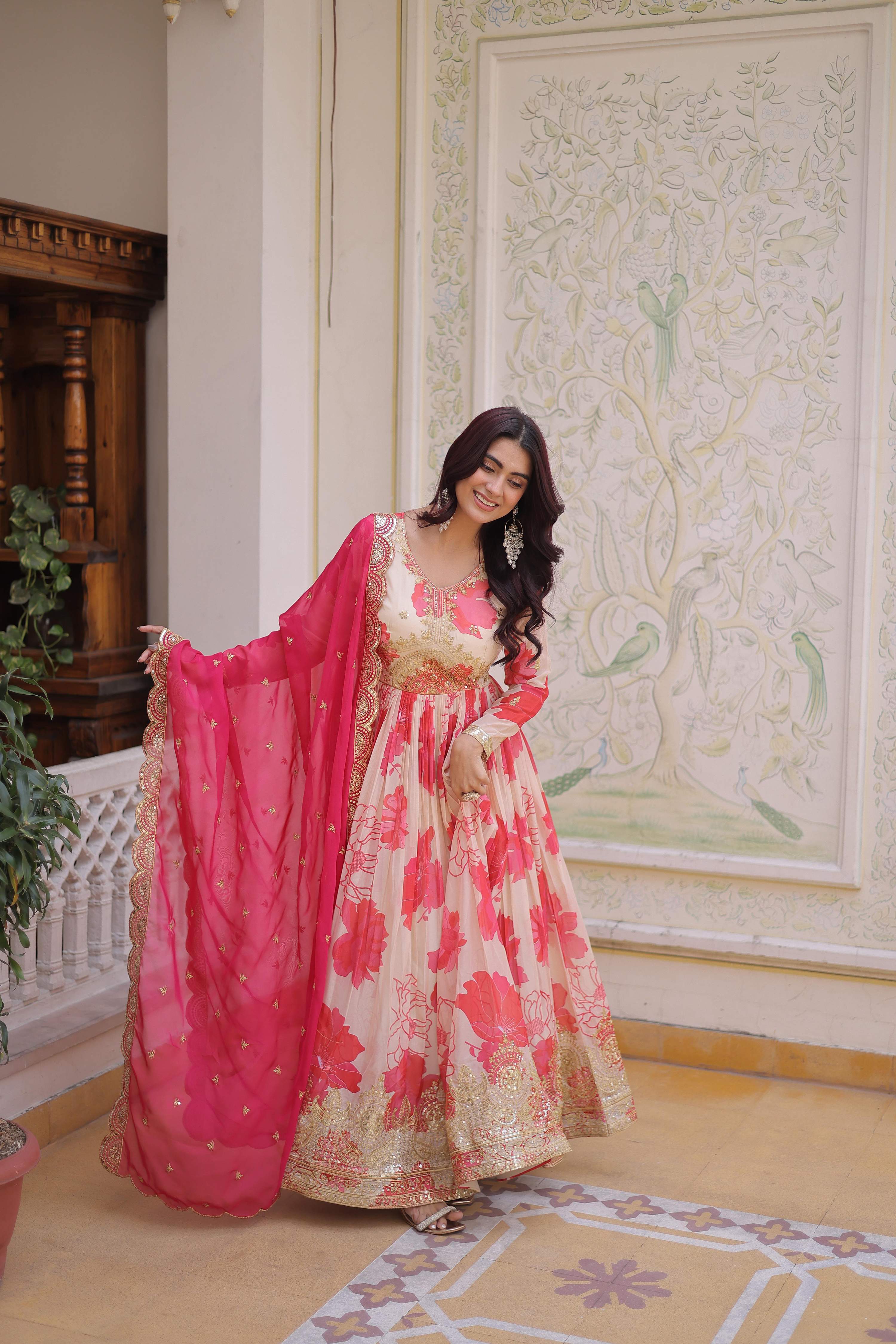 Pink Russian Silk Anarkali Set with Sequins Embroidery & Dupatta