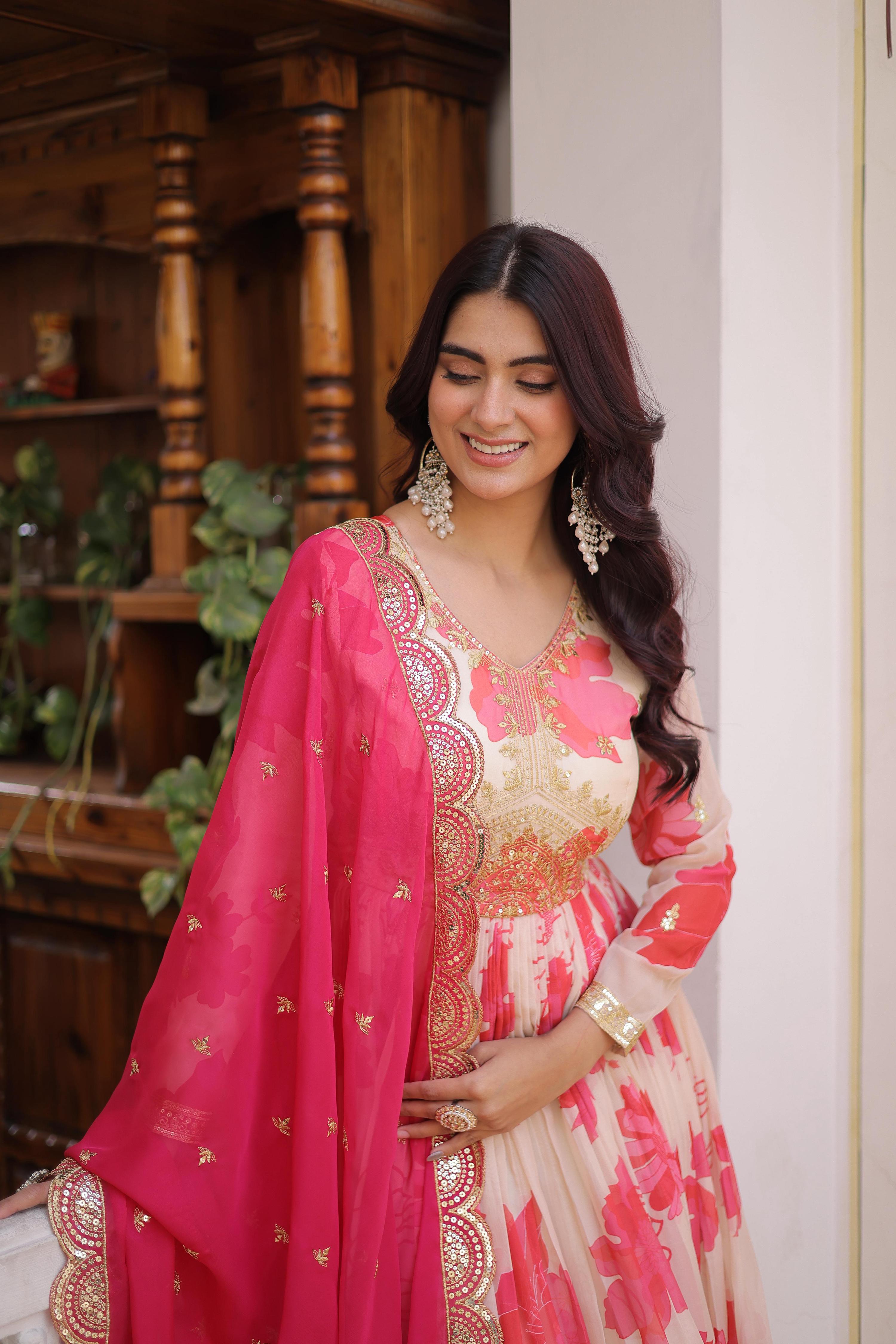 Pink Russian Silk Anarkali Set with Sequins Embroidery & Dupatta
