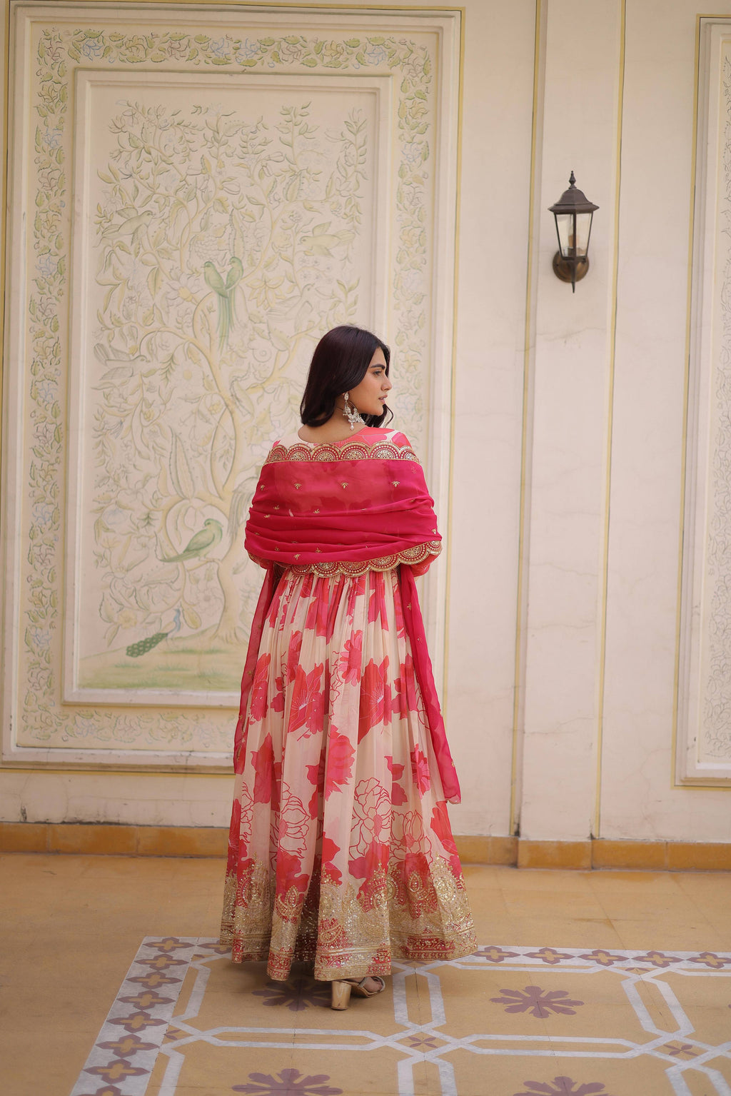 Pink Russian Silk Anarkali Set with Sequins Embroidery & Dupatta