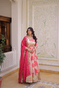 Pink Russian Silk Anarkali set with detailed sequins and zari embroidery, featuring a 3-meter flair and V-neck.