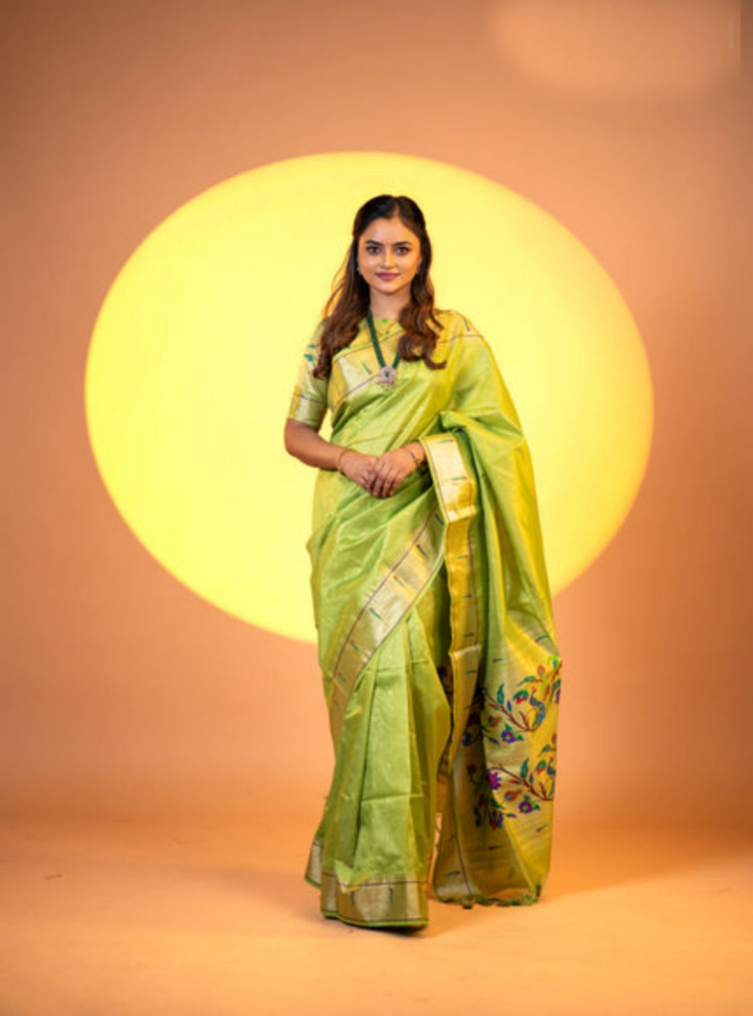 Mehendi color khadi raw silk saree with meena weaving and jhalar border