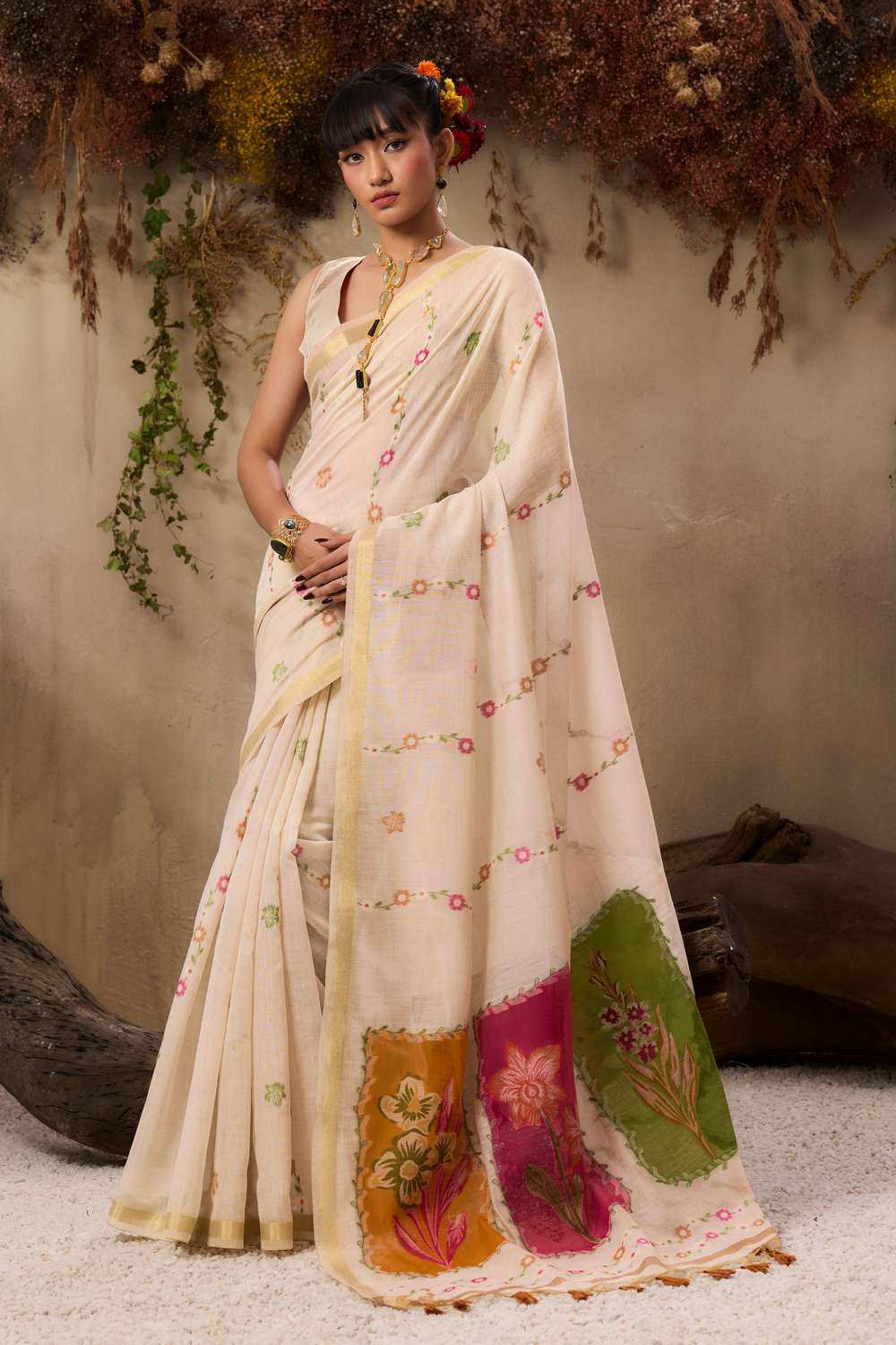 Orange Soft Muga Cotton Saree with Resham Weaving
