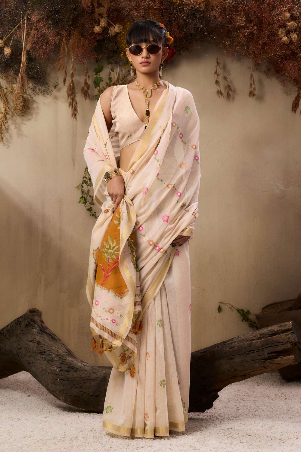 Orange soft Muga cotton saree with intricate Resham weaving