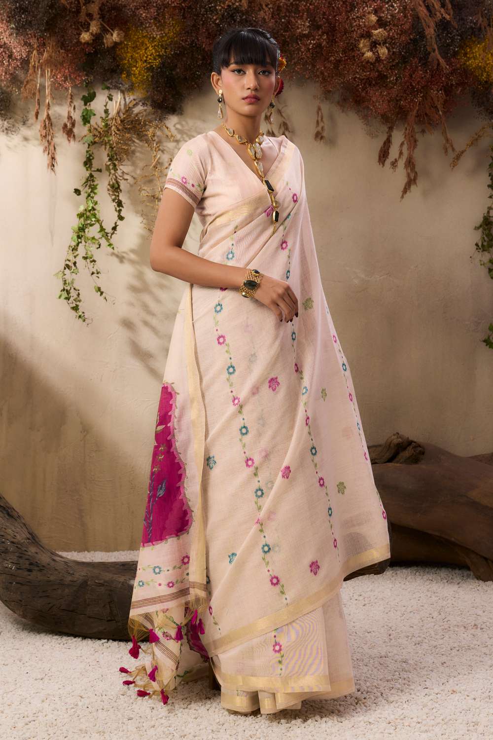 Pink Soft Muga Cotton Saree with Resham Weaving and Blouse