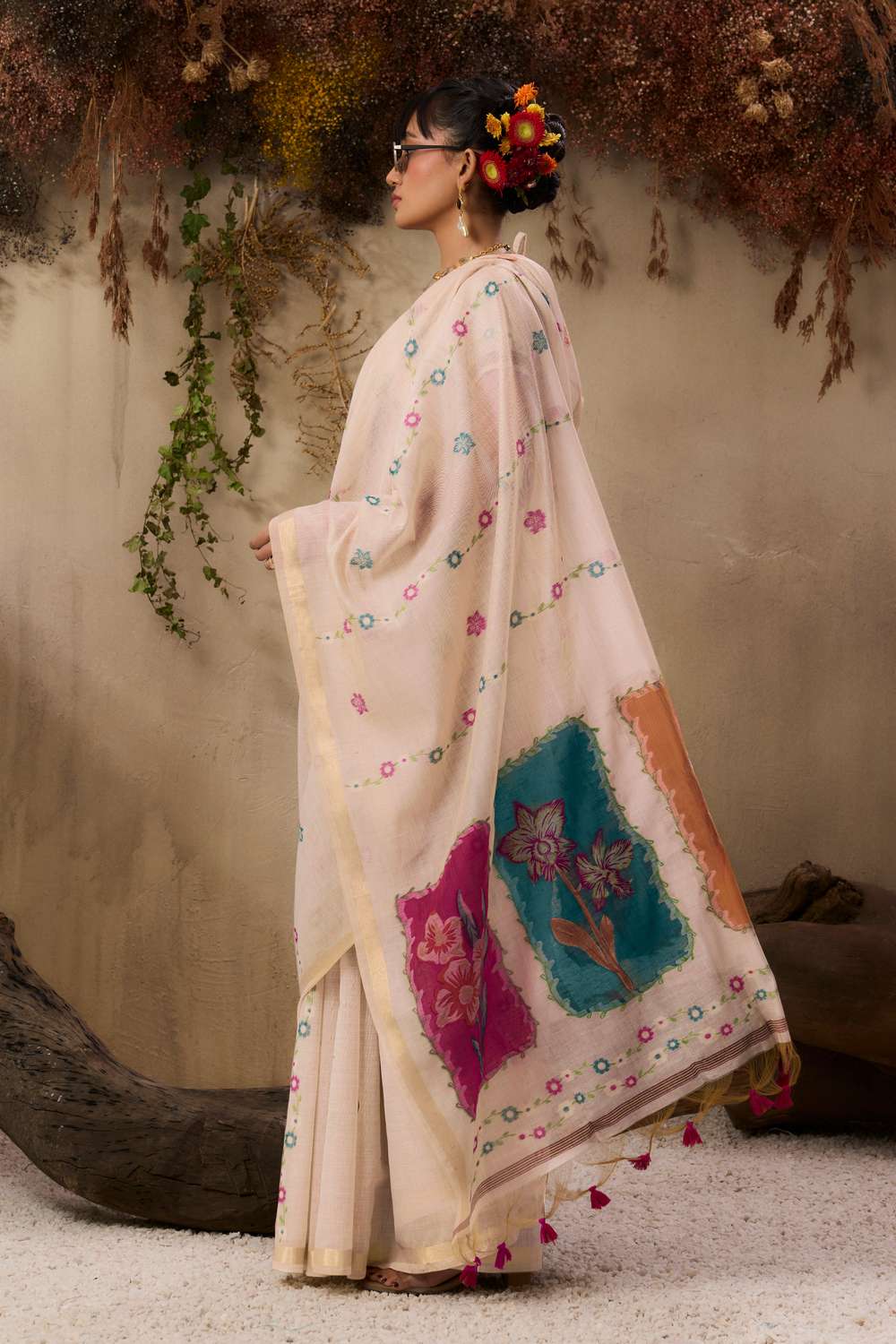 Pink soft muga cotton saree with detailed resham weaving and matching blouse fabric
