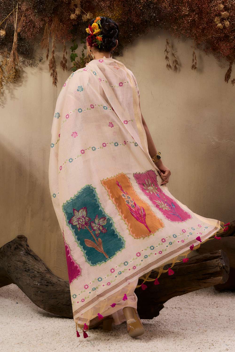 Pink Soft Muga Cotton Saree with Resham Weaving and Blouse