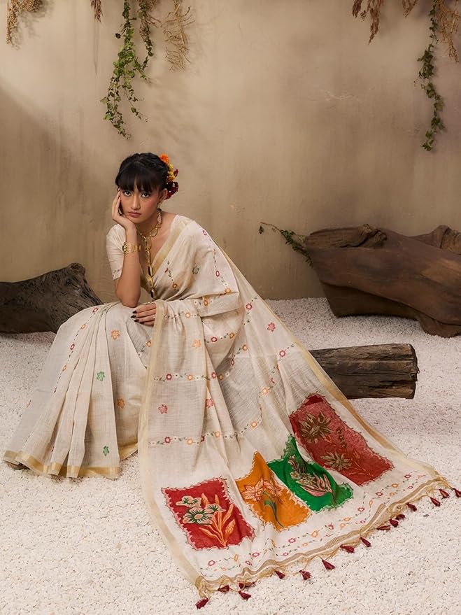 Red Soft Muga Cotton Saree with Resham Weaving and Blouse