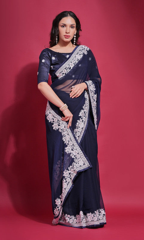 Women's Navy Blue Georgette Saree with Coding Work and Blouse