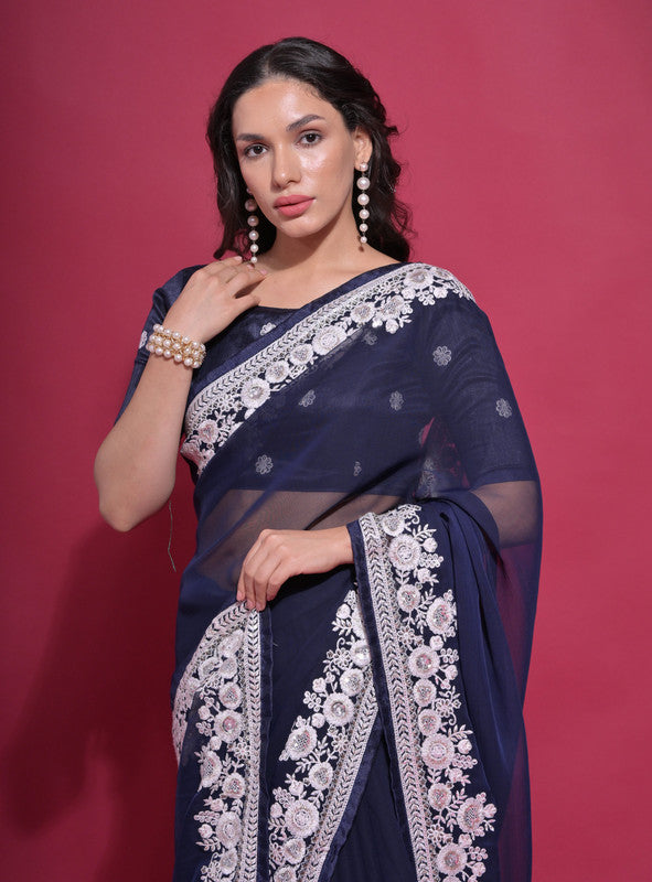 Women's Navy Blue Georgette Saree with Coding Work and Blouse
