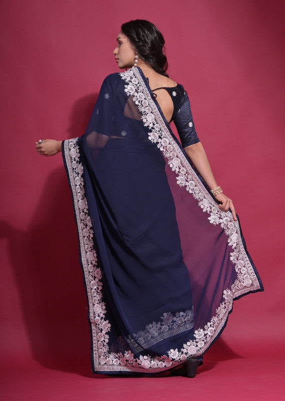 Women's Navy Blue Georgette Saree with Coding Work and Blouse