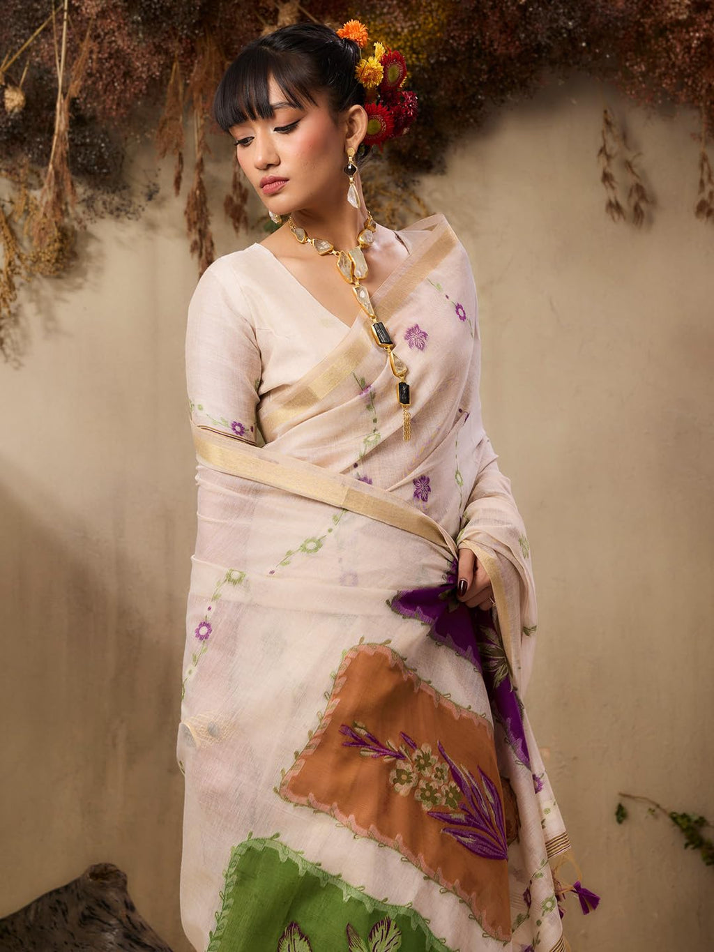 Wine Soft Muga Cotton Saree with Resham Weaving and Blouse