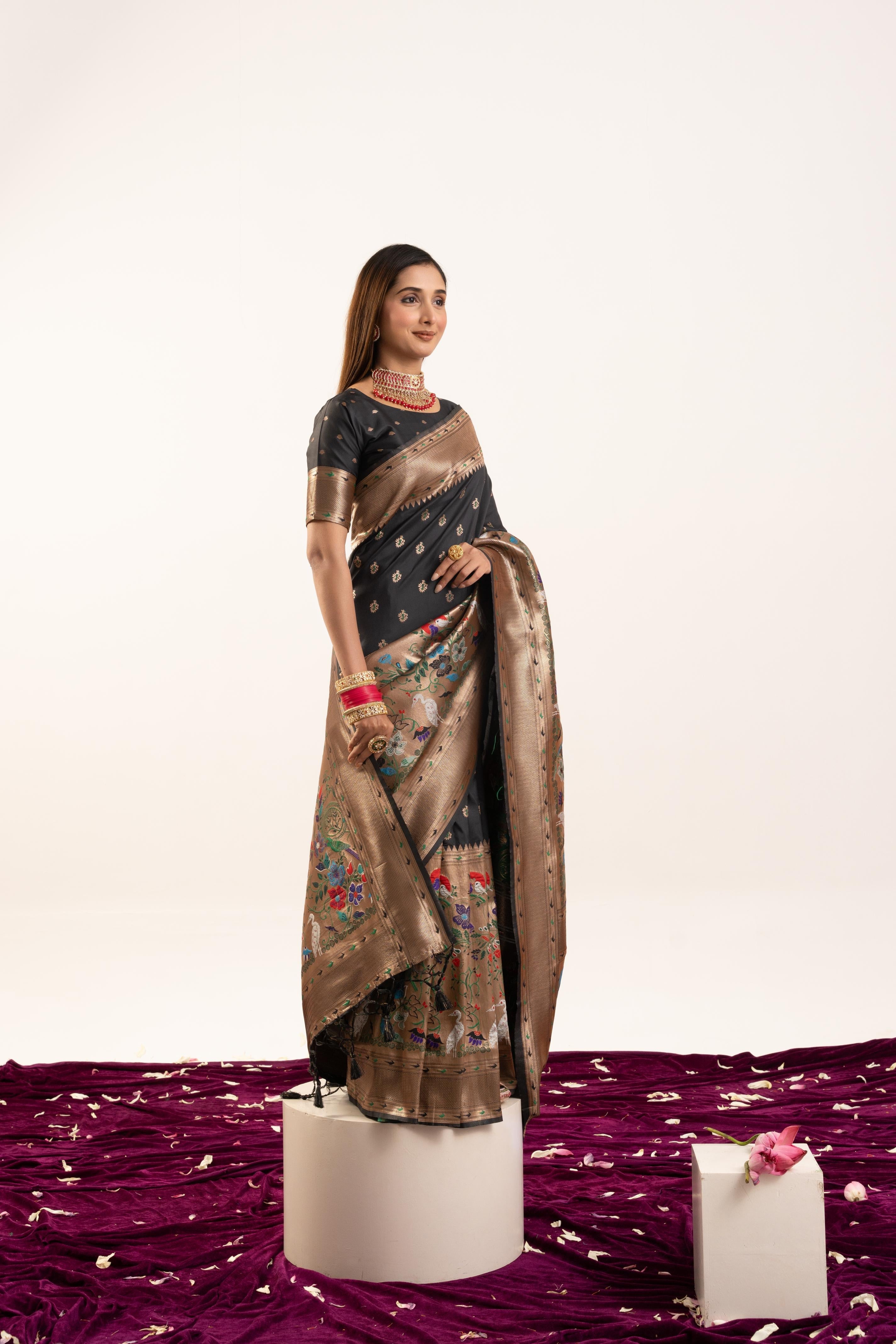 Women's Black Soft Banarasi Silk Saree with Zari Woven Detail