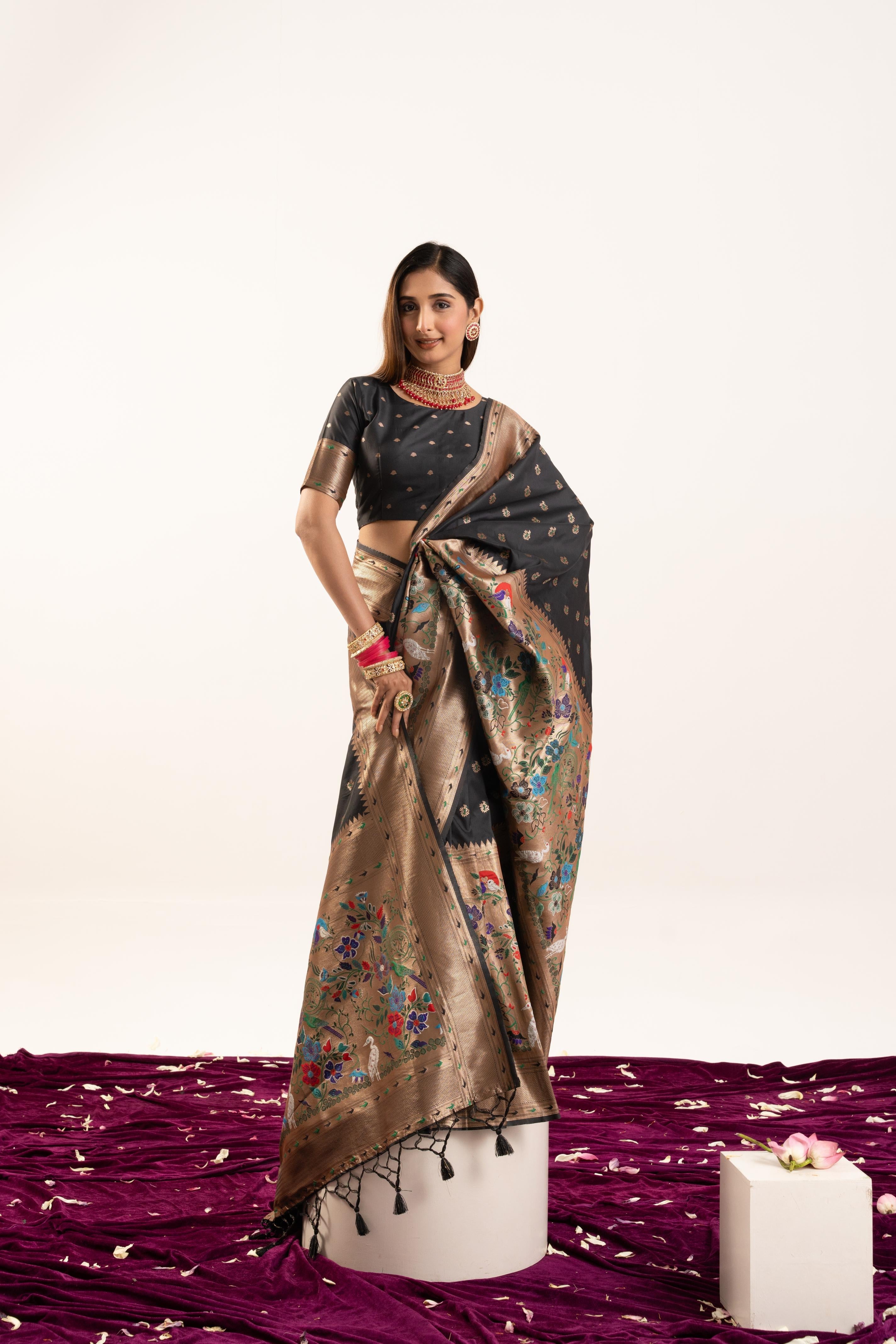 Women's Black Soft Banarasi Silk Saree with Zari Woven Detail