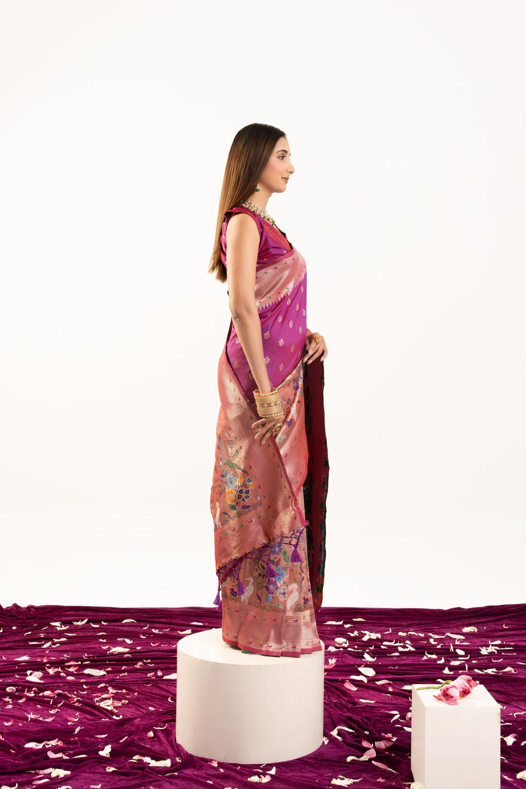 Women's Magenta Soft Banarasi Silk Saree with Zari Woven Detail