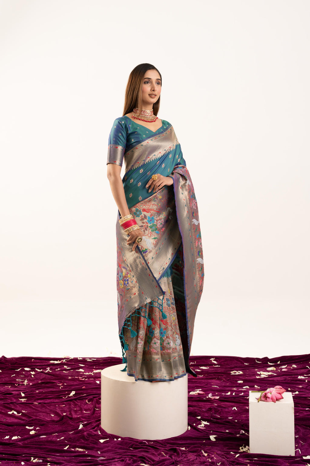 Rama Soft Banarasi Silk Saree with Zari Woven Border & Blouse