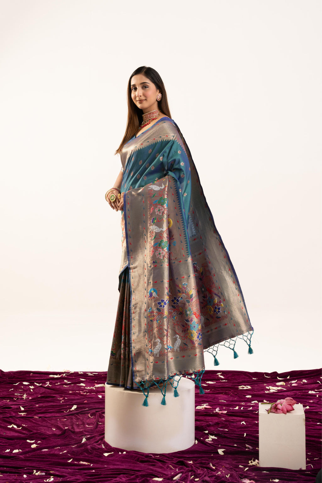 Rama Soft Banarasi Silk Saree with Zari Woven Border & Blouse
