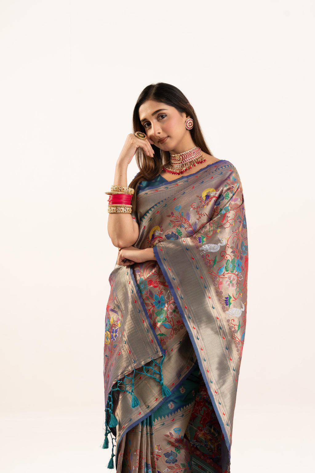 Rama Soft Banarasi Silk Saree with Zari Woven Border & Blouse