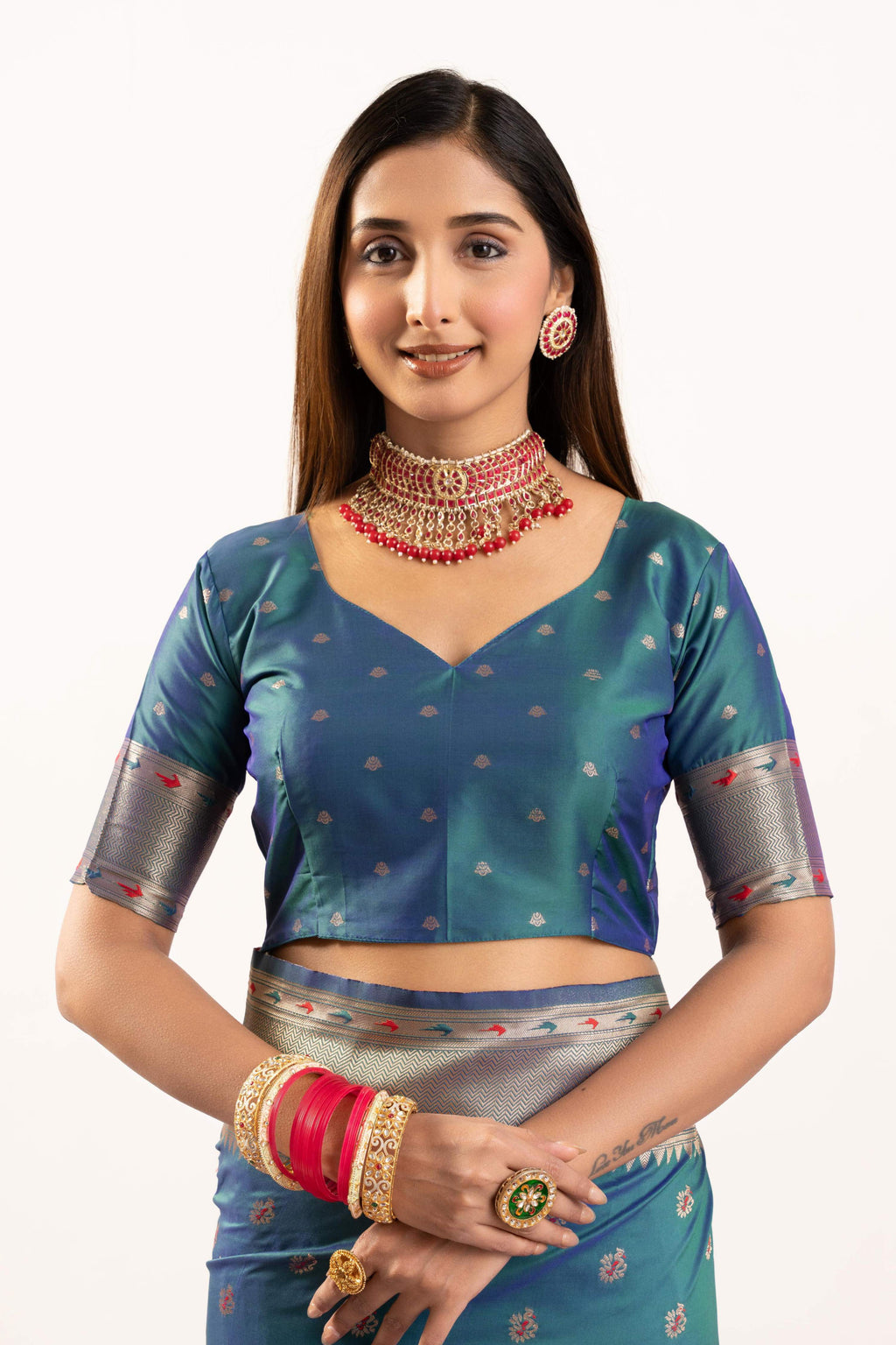 Rama Soft Banarasi Silk Saree with Zari Woven Border & Blouse