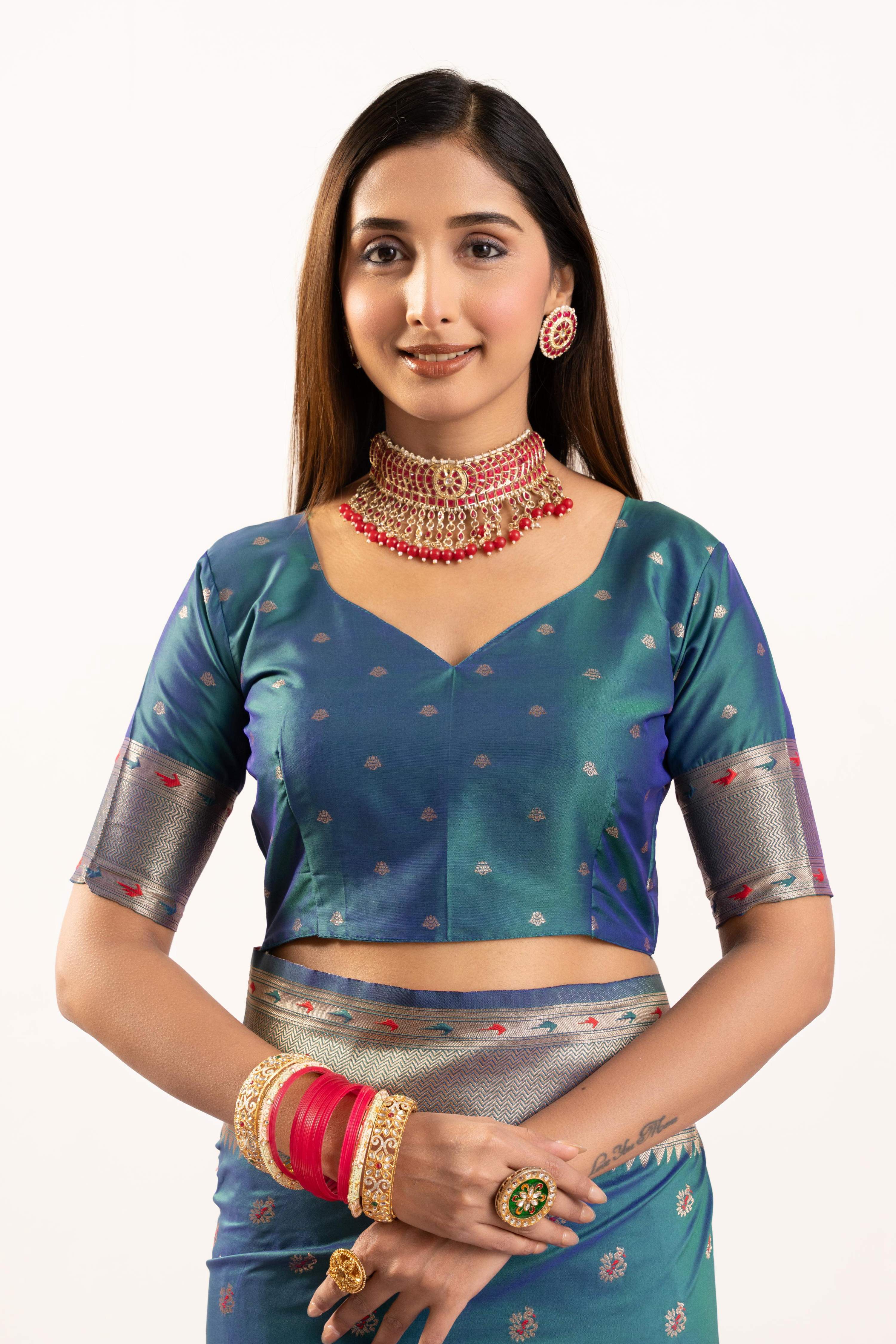 Rama Soft Banarasi Silk Saree with Zari Woven Border & Blouse