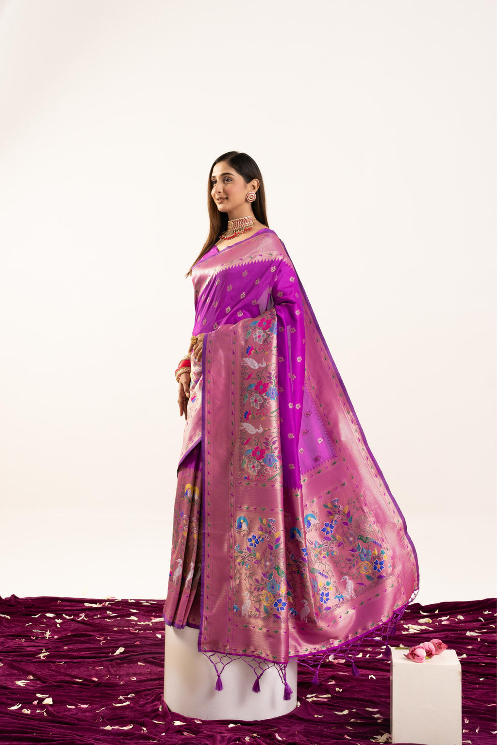 Elegant wine colored soft Banarasi silk saree with gold zari weaving