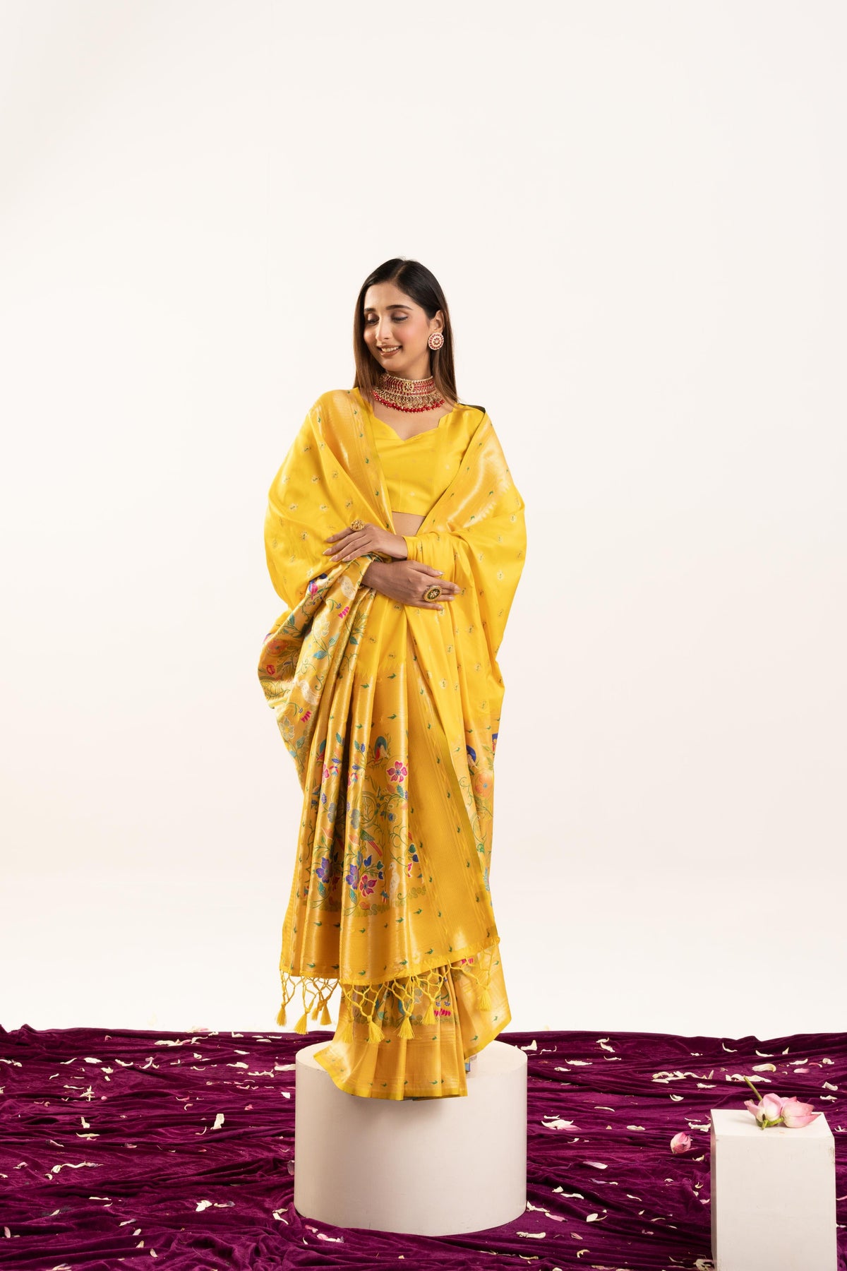 Yellow Banarasi Silk Zari Woven Saree with Unstitched Blouse