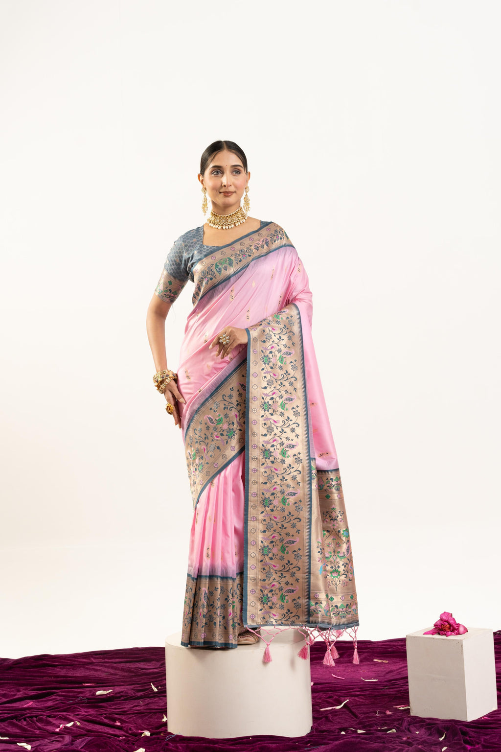 Baby Pink Soft Banarasi Silk Saree with intricate Zari woven details and matching unstitched blouse.