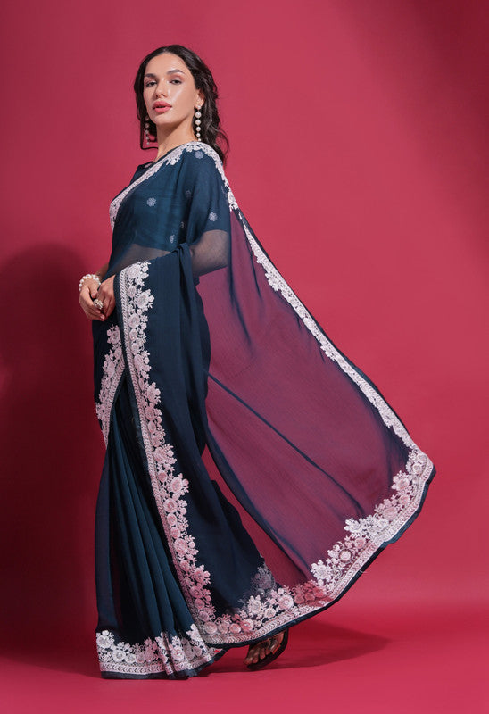 Women's Morpich Coding Work Georgette Saree with Matching Blouse