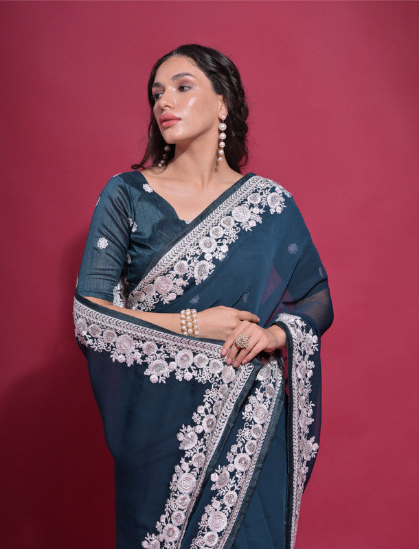 Women's Morpich Coding Work Georgette Saree with Matching Blouse