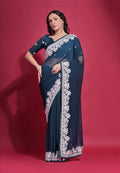 Elegant Morpich colored georgette saree featuring intricate coding work with a matching blouse.