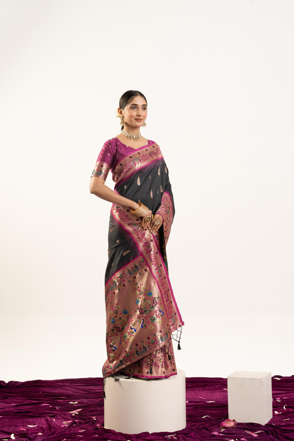 Black Soft Banarasi Silk Zari Woven Saree with Blouse
