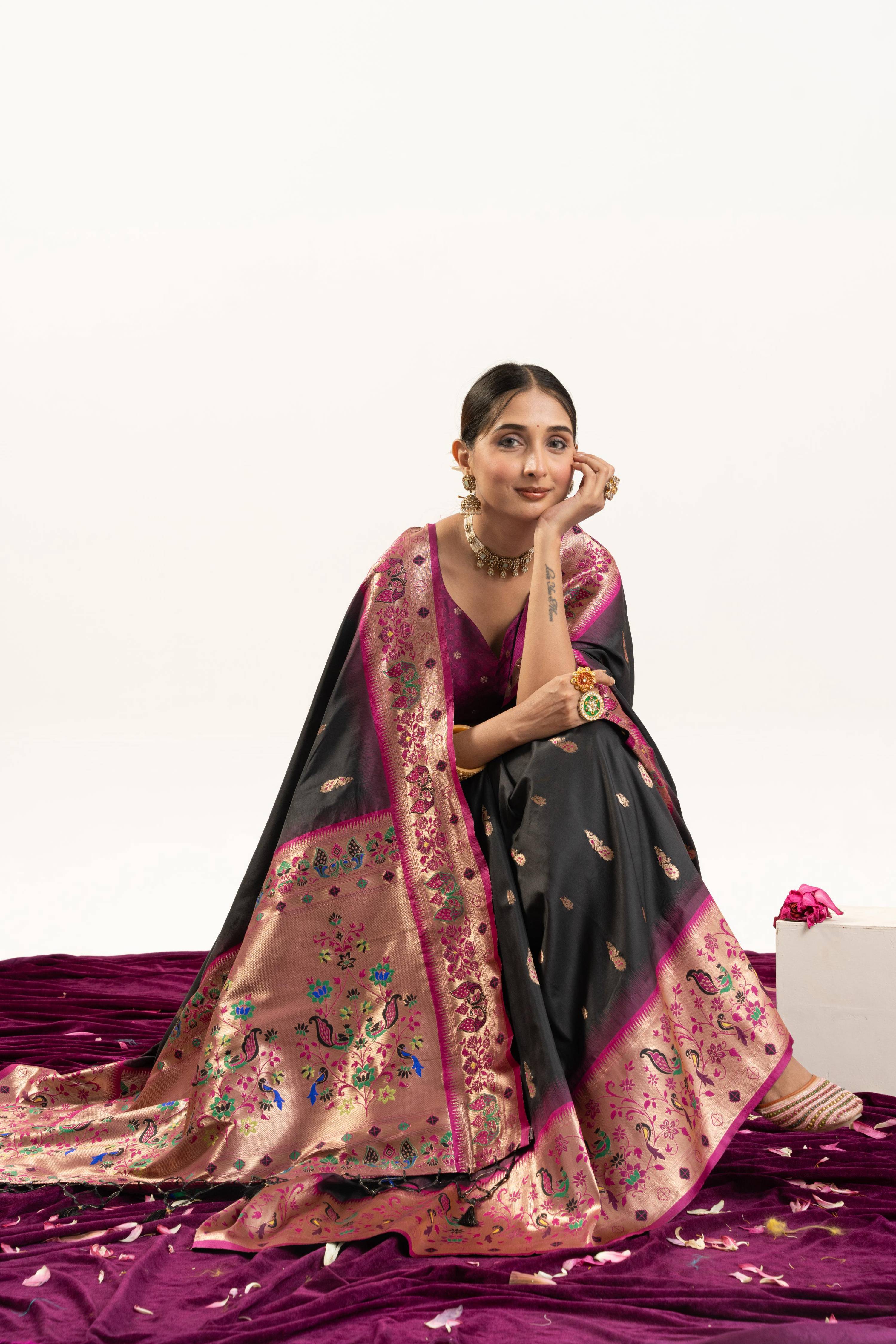 Black Soft Banarasi Silk Zari Woven Saree with Blouse
