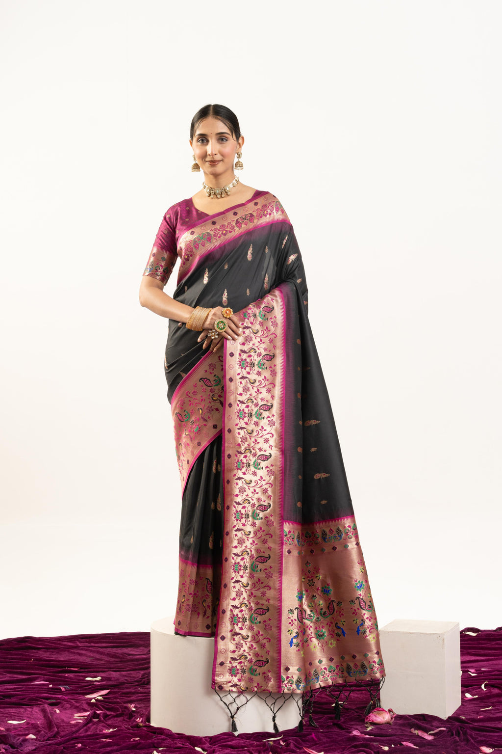 Black soft Banarasi silk saree with traditional Zari woven border and motifs