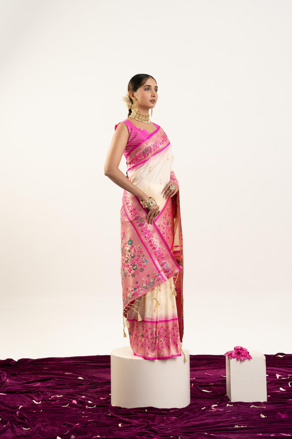 Women's Cream Soft Banarasi Silk Saree with Zari Woven Border