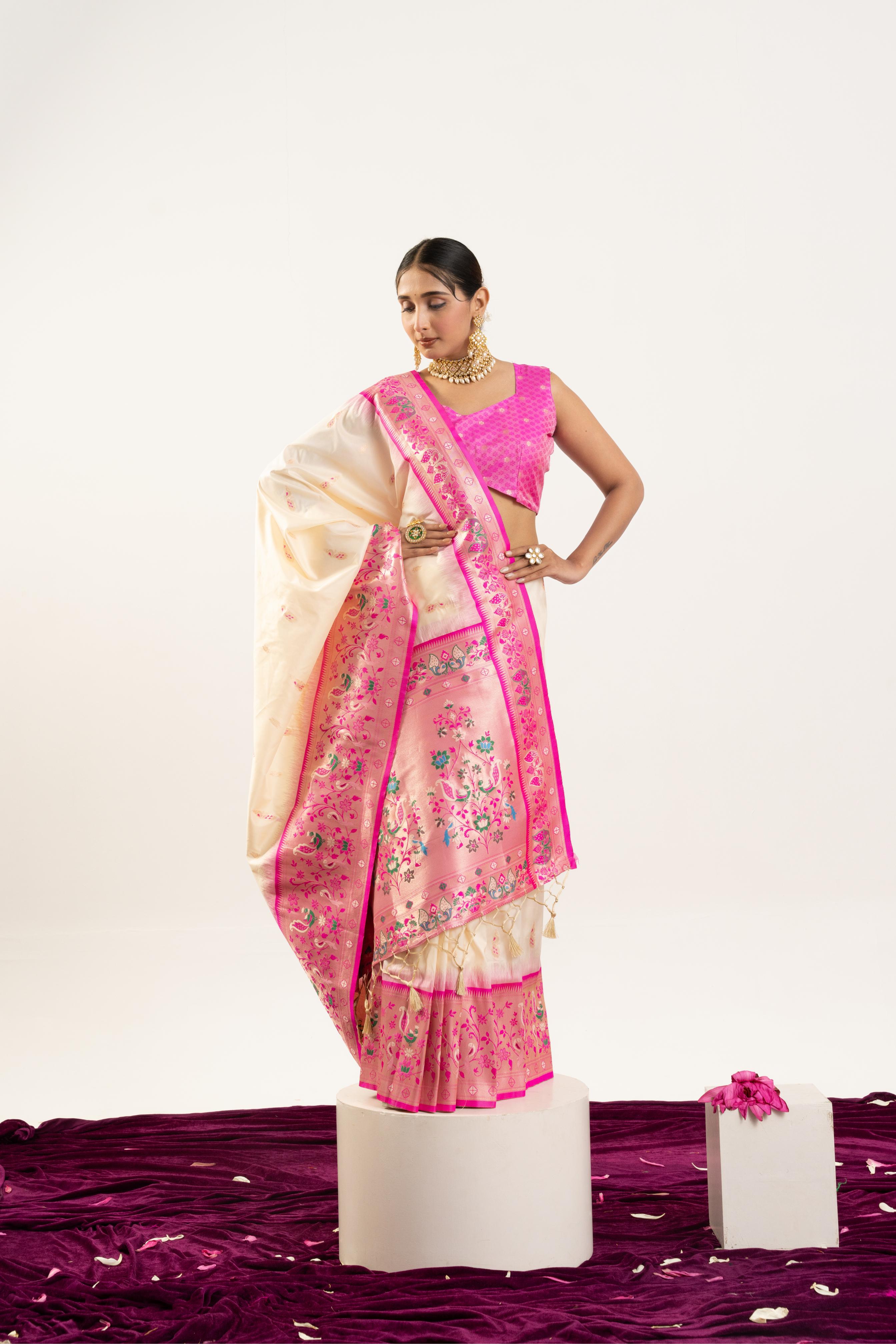 Women's Cream Soft Banarasi Silk Saree with Zari Woven Border