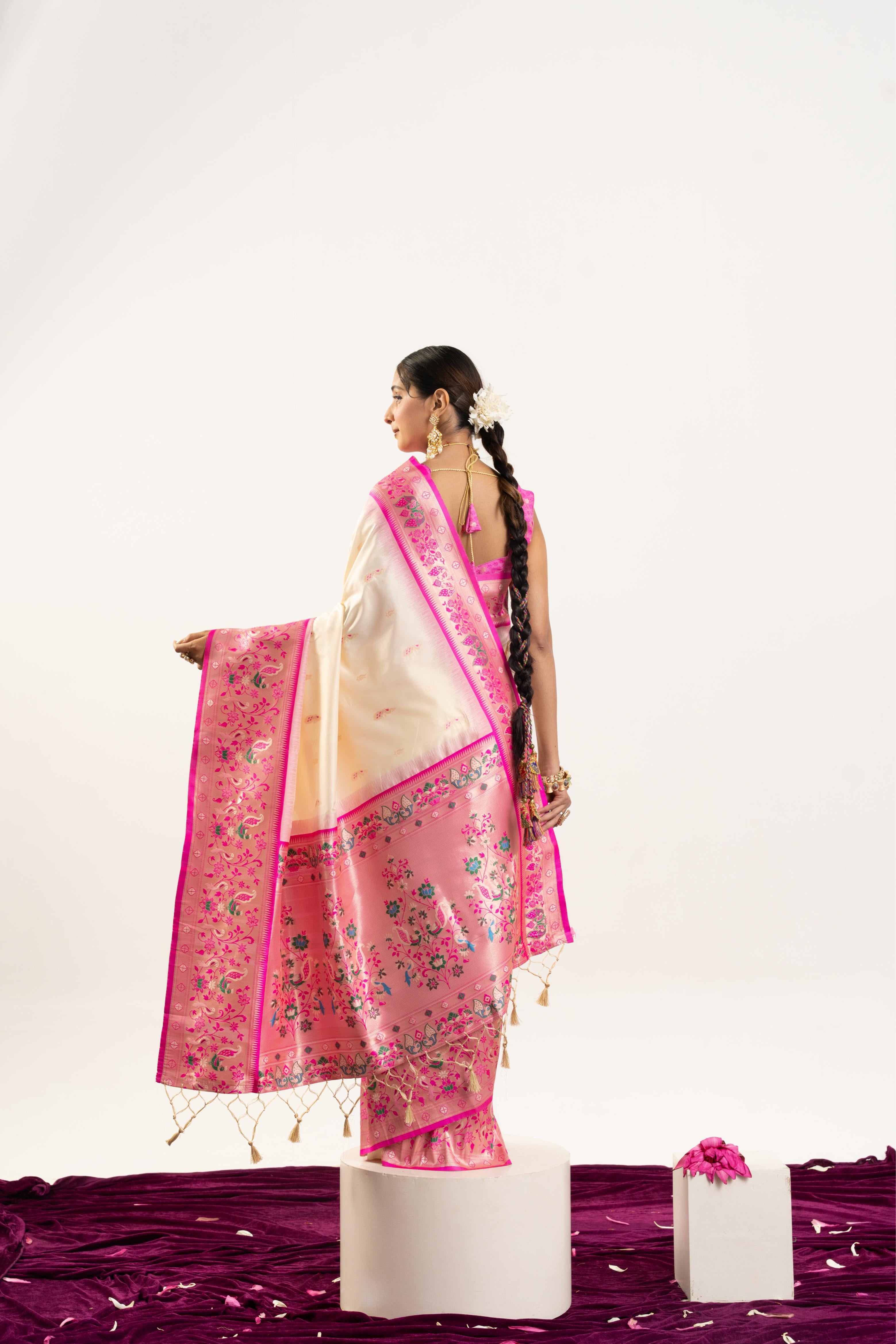 Women's Cream Soft Banarasi Silk Saree with Zari Woven Border