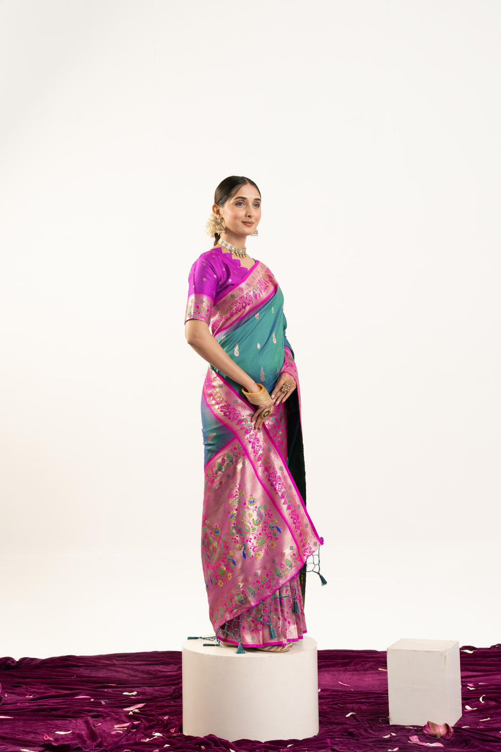 Rama Soft Banarasi Silk Zari Woven Saree with Matching Blouse